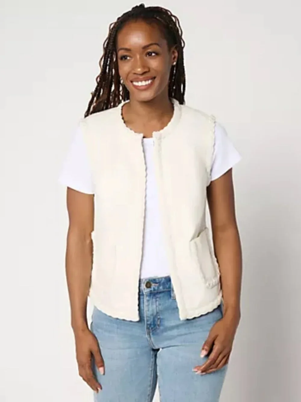 LOGO by Lori Goldstein Denim Vest with Braided Trim, Ivory Sz XXS a692540